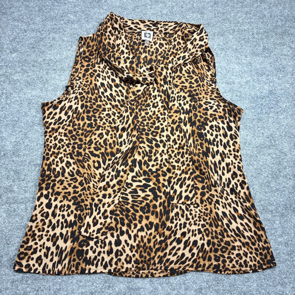 Anne Klein‎ Women's Leopard Animal-Print Tie-Neck Sleeveless Top Blouse